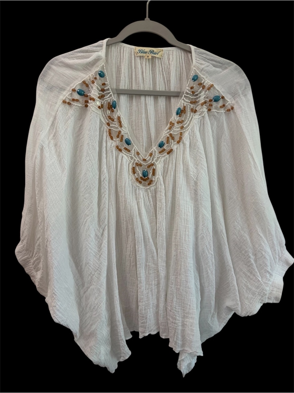 Blue Pearl Boho Chic Western Cowgirl White Gauze Beaded Blouse Small Oversized